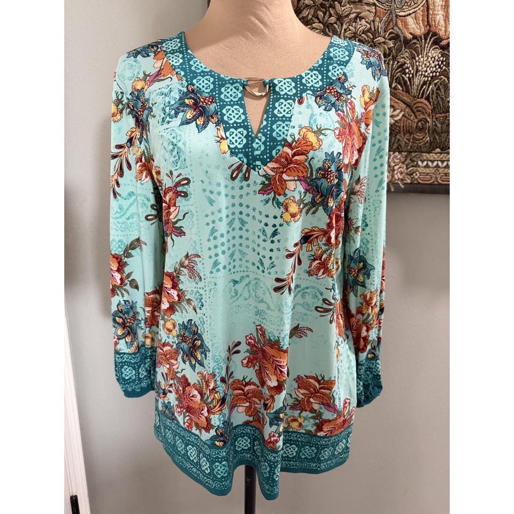 JM Collection Blouse Womens Small Green Floral Long Sleeve Keyhole Tunic Top